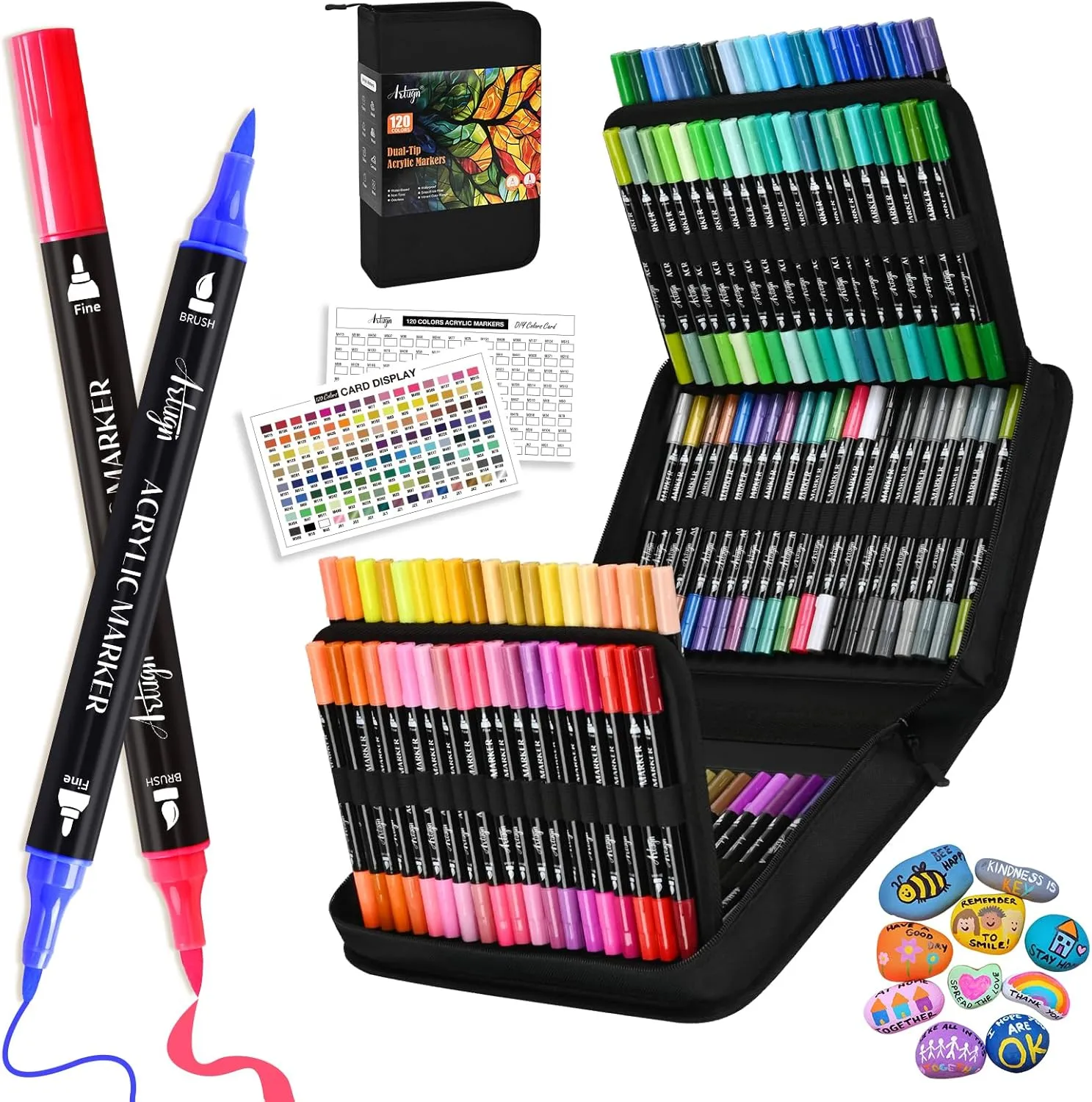 120 Colors Acrylic Paint Pens, Dual Tip Pens With Fine Tip and Brush Tip for Rock Painting, Ceramic, Wood, Plastic, Calligraphy, Scrapbooking, Brush Lettering, Card Making, DIY Crafts