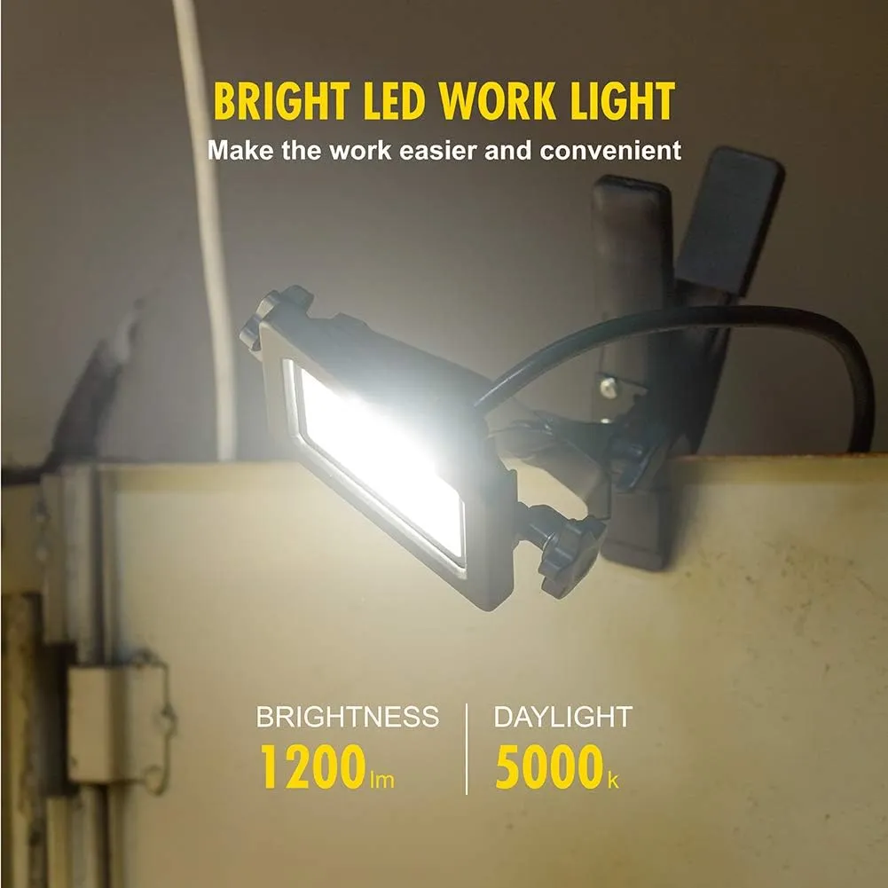 1200 Lumens Portable LED Clamp Work Light with 5ft 120V AC/60Hz Power Plug, Lightweight Design, Suitable for wet location, 10 Watts, 5000K Daylight, ETL Certified