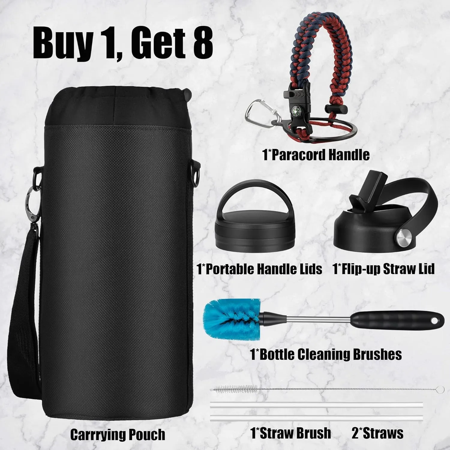 128 oz Water Bottle with Paracord Handle & Bottle Brush - Large Stainless Steel Water Bottle with Carrying Pouch & 2 Lids - Double Wall Vacuum Water Jug for Sport Gym Camping, Red/Navy