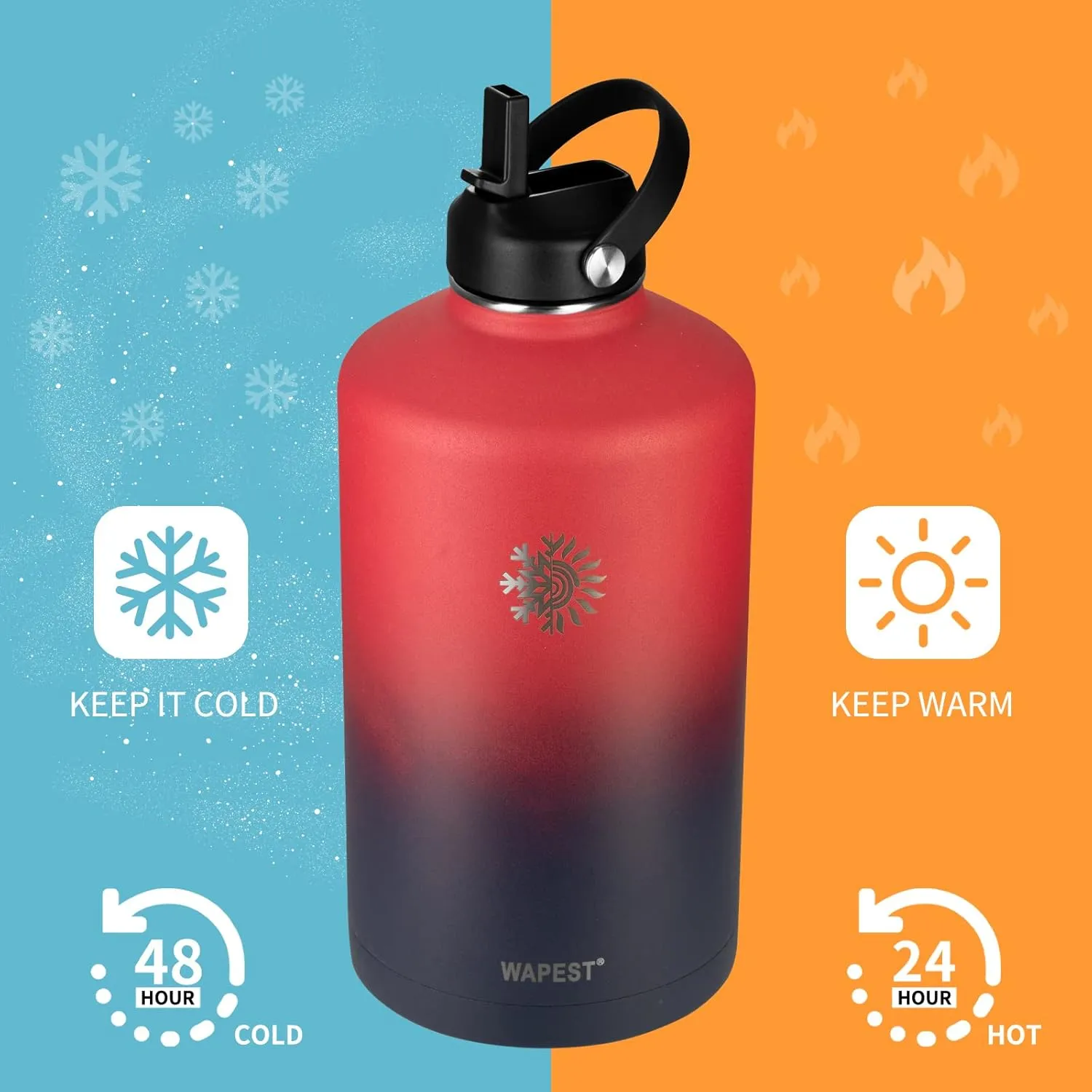 128 oz Water Bottle with Paracord Handle & Bottle Brush - Large Stainless Steel Water Bottle with Carrying Pouch & 2 Lids - Double Wall Vacuum Water Jug for Sport Gym Camping, Red/Navy