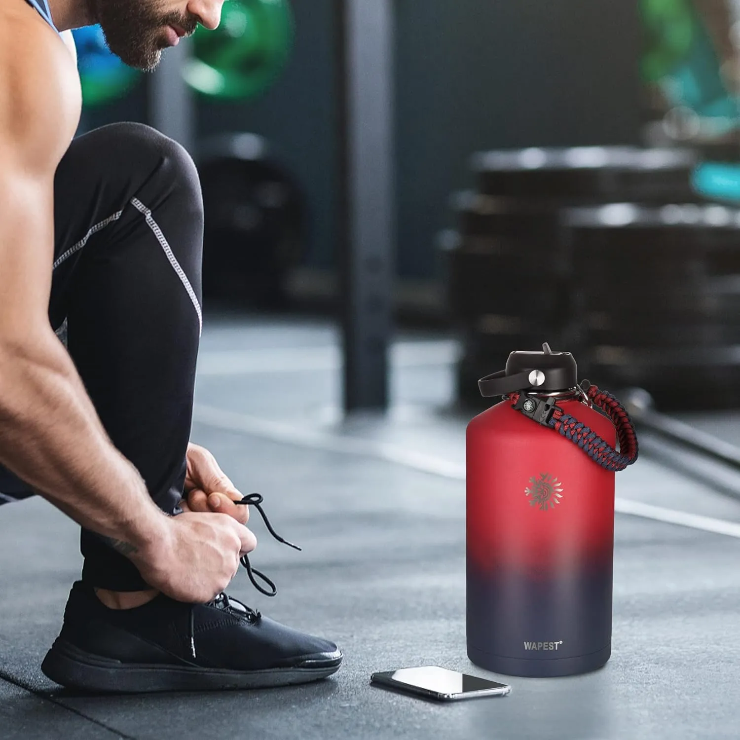 128 oz Water Bottle with Paracord Handle & Bottle Brush - Large Stainless Steel Water Bottle with Carrying Pouch & 2 Lids - Double Wall Vacuum Water Jug for Sport Gym Camping, Red/Navy