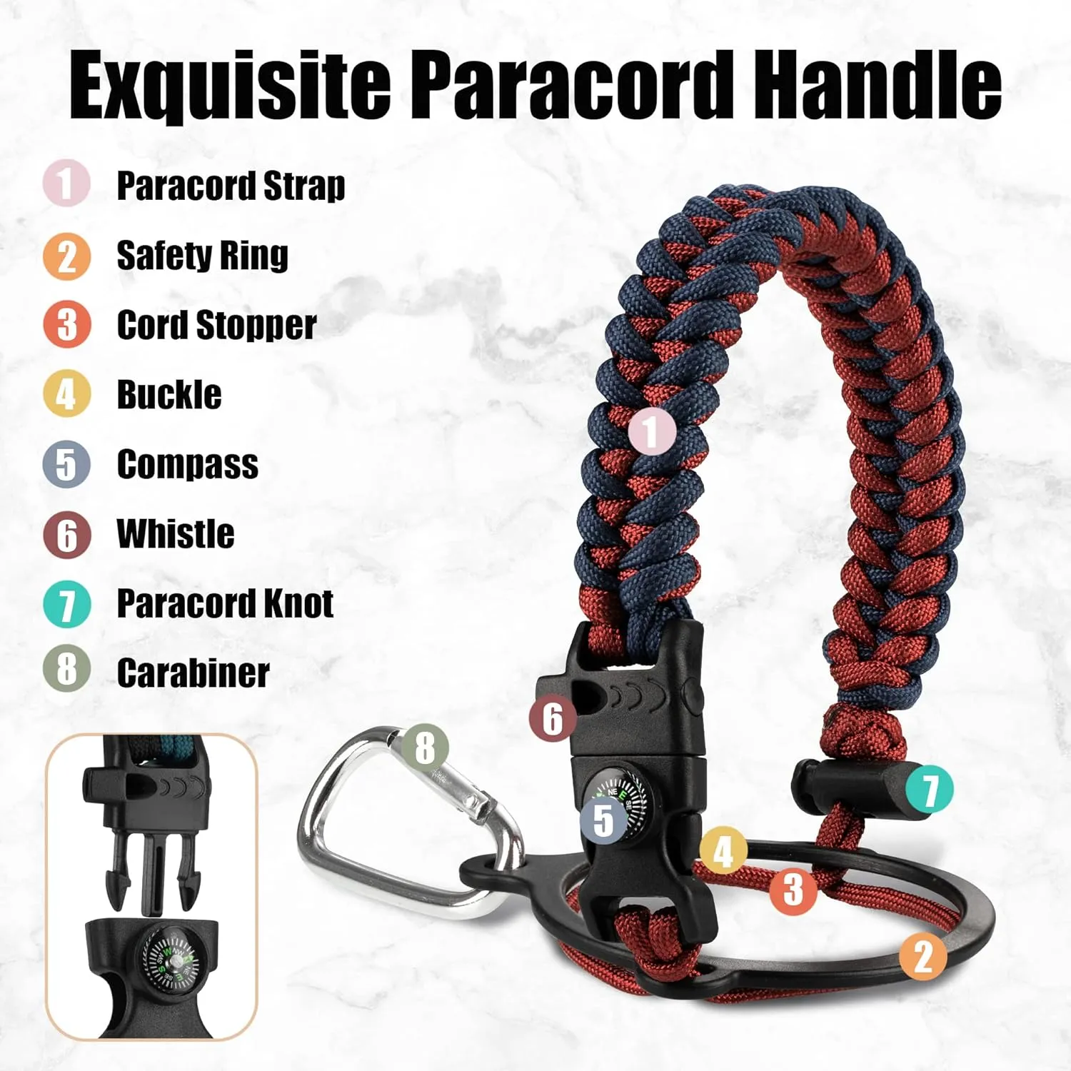 128 oz Water Bottle with Paracord Handle & Bottle Brush - Large Stainless Steel Water Bottle with Carrying Pouch & 2 Lids - Double Wall Vacuum Water Jug for Sport Gym Camping, Red/Navy