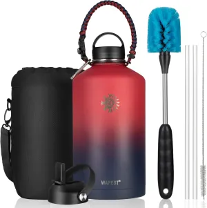 128 oz Water Bottle with Paracord Handle & Bottle Brush - Large Stainless Steel Water Bottle with Carrying Pouch & 2 Lids - Double Wall Vacuum Water Jug for Sport Gym Camping, Red/Navy
