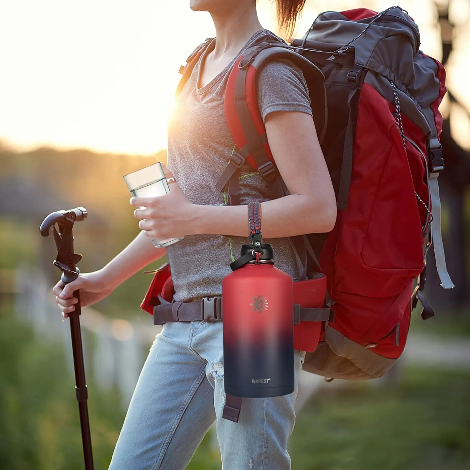 128 oz Water Bottle with Paracord Handle & Bottle Brush - Large Stainless Steel Water Bottle with Carrying Pouch & 2 Lids - Double Wall Vacuum Water Jug for Sport Gym Camping, Red/Navy
