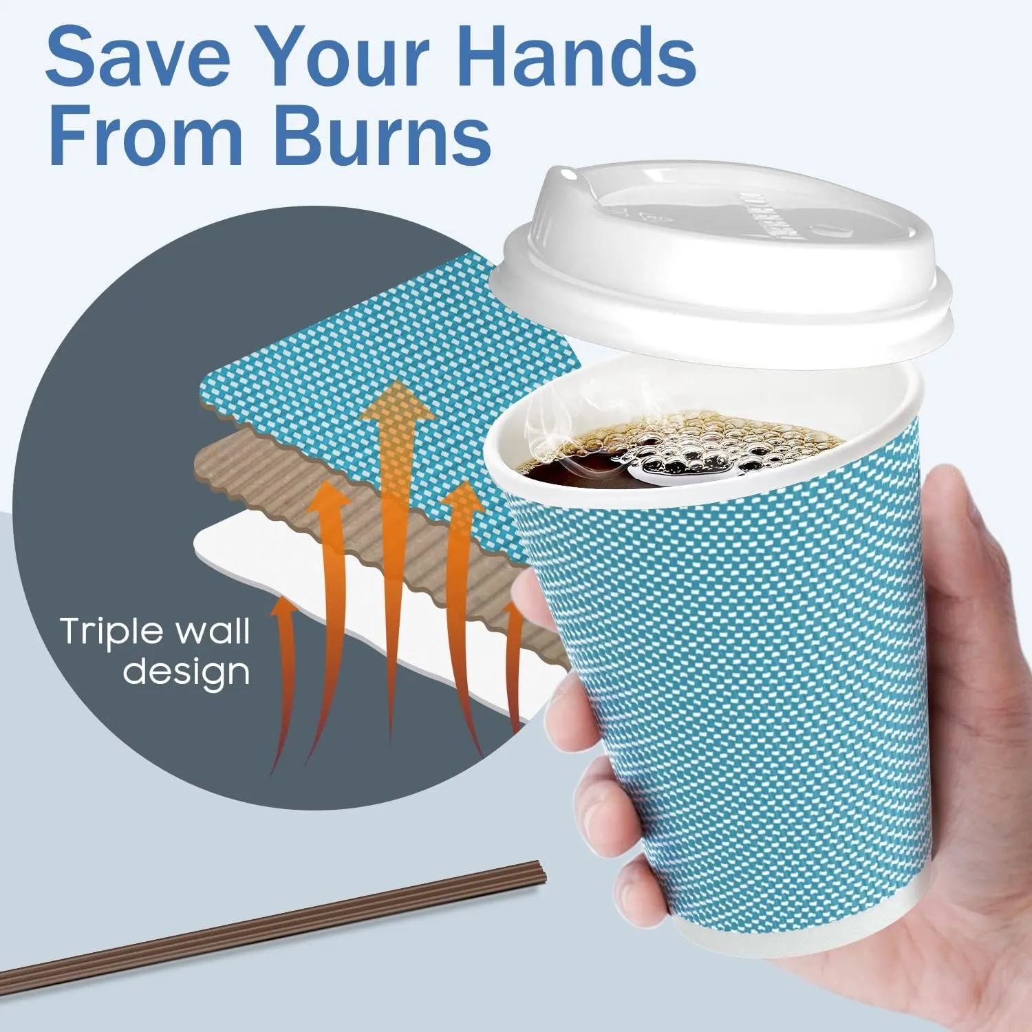 12oz Insulated Triple Wall Paper Coffee Cups with Lids and Straws, 40 Pack, Colorful, Disposable, Leakfree, Hot & Cold Reusable