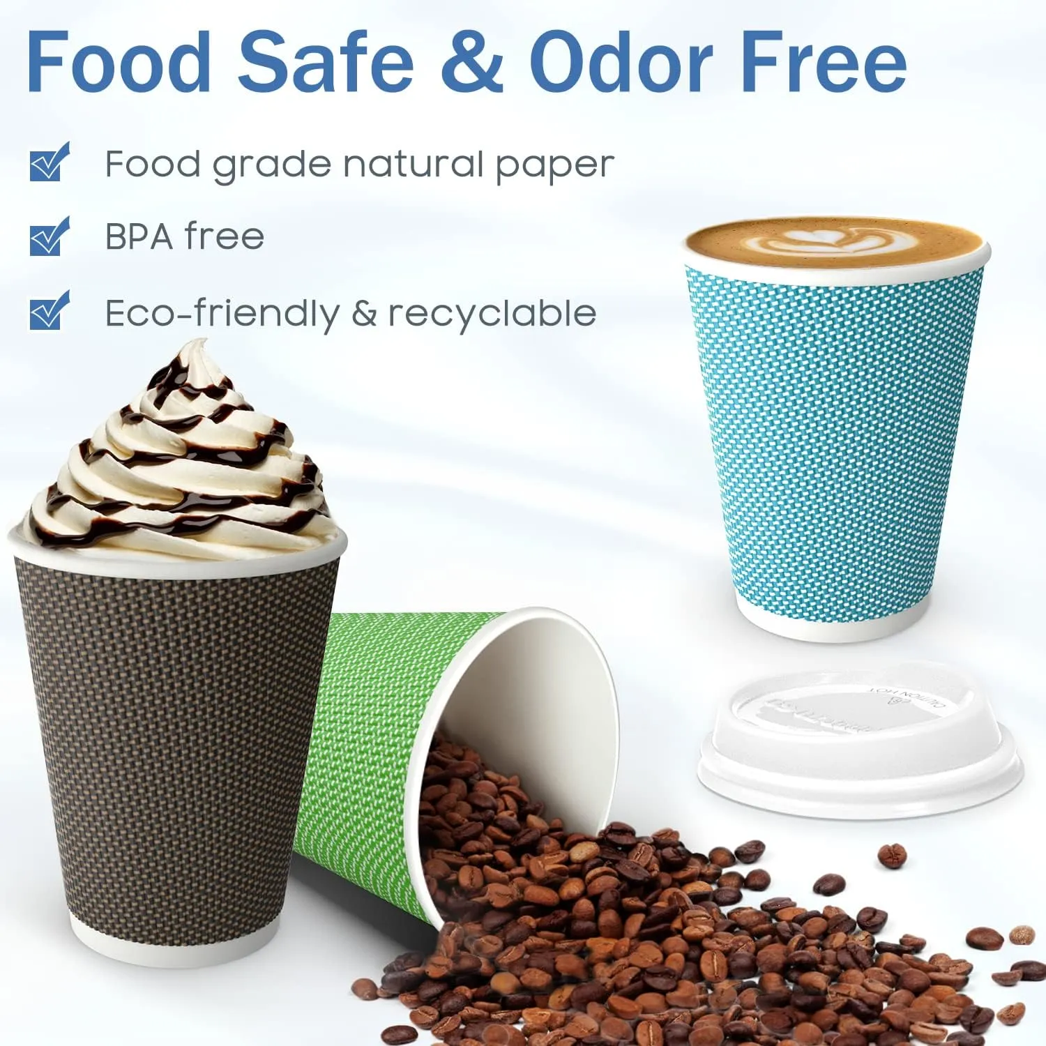 12oz Insulated Triple Wall Paper Coffee Cups with Lids and Straws, 40 Pack, Colorful, Disposable, Leakfree, Hot & Cold Reusable