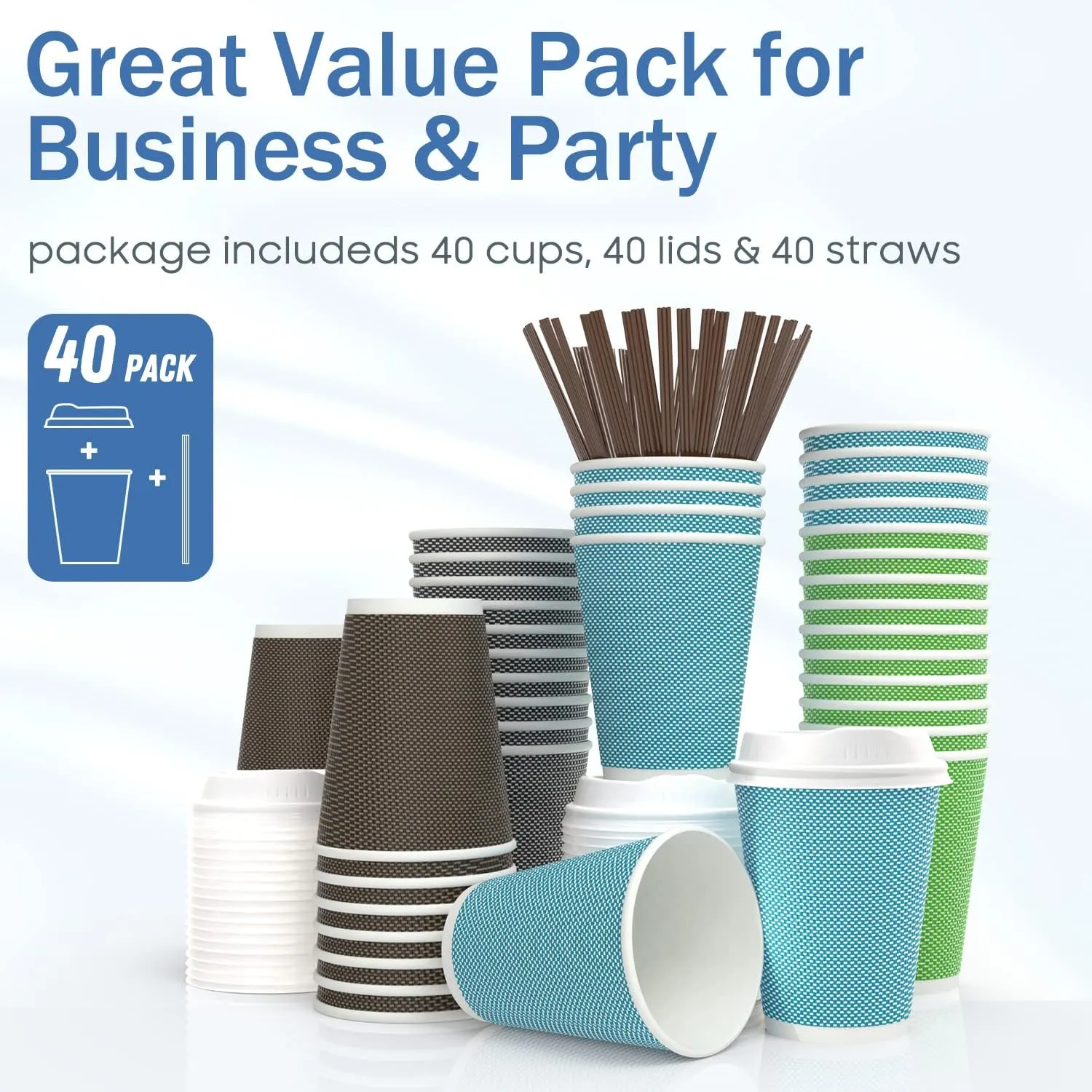 12oz Insulated Triple Wall Paper Coffee Cups with Lids and Straws, 40 Pack, Colorful, Disposable, Leakfree, Hot & Cold Reusable