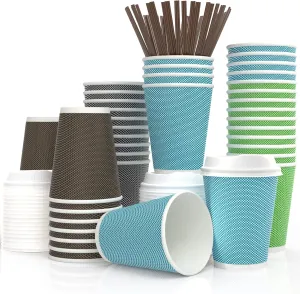 12oz Insulated Triple Wall Paper Coffee Cups with Lids and Straws, 40 Pack, Colorful, Disposable, Leakfree, Hot & Cold Reusable