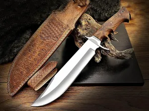15” inches full tang handmade bowie knife. Fixed blade hunting knife, skinning knife, camping knife, bushcraft knife, everyday carry and outdoor tools with a Leather sheath., Brown White