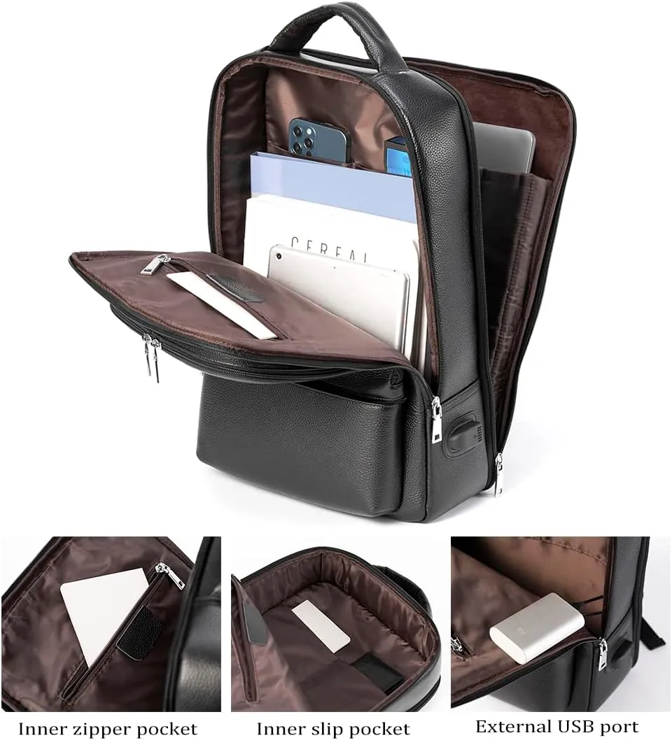 15.6 Inch Genuine Leather Laptop Backpack for Men Women, Business Travel Backpack Hiking Rucksack Daypack (4#Black)