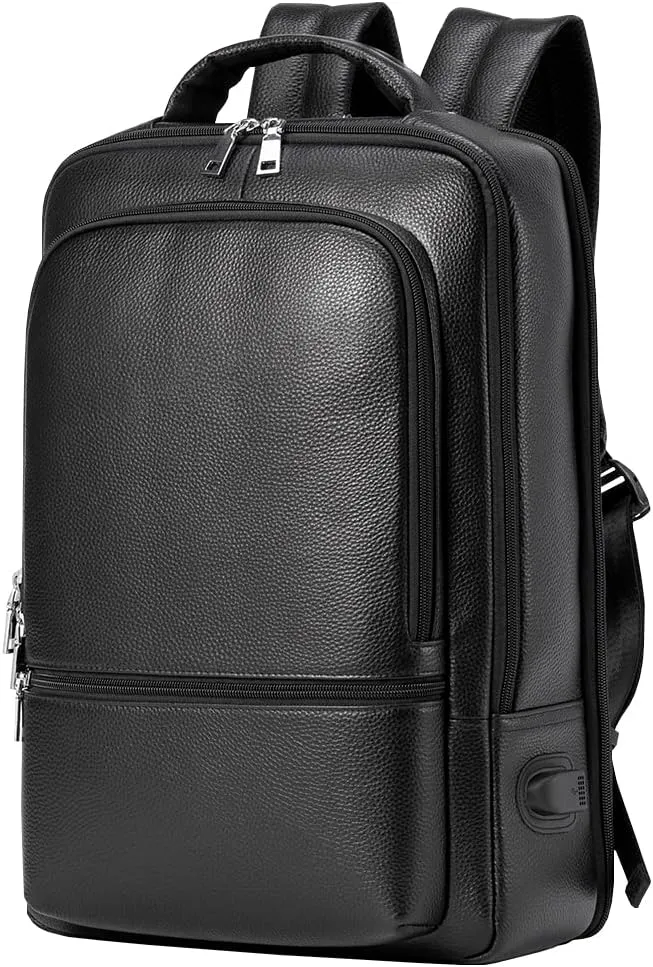 15.6 Inch Genuine Leather Laptop Backpack for Men Women, Business Travel Backpack Hiking Rucksack Daypack (4#Black)