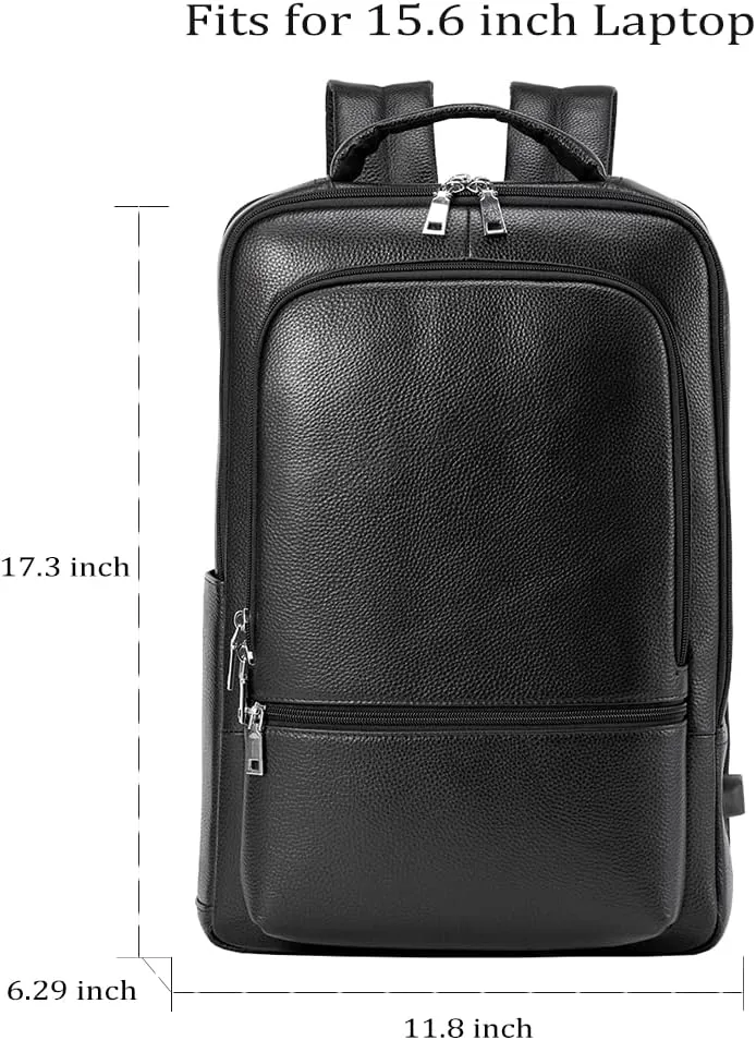 15.6 Inch Genuine Leather Laptop Backpack for Men Women, Business Travel Backpack Hiking Rucksack Daypack (4#Black)