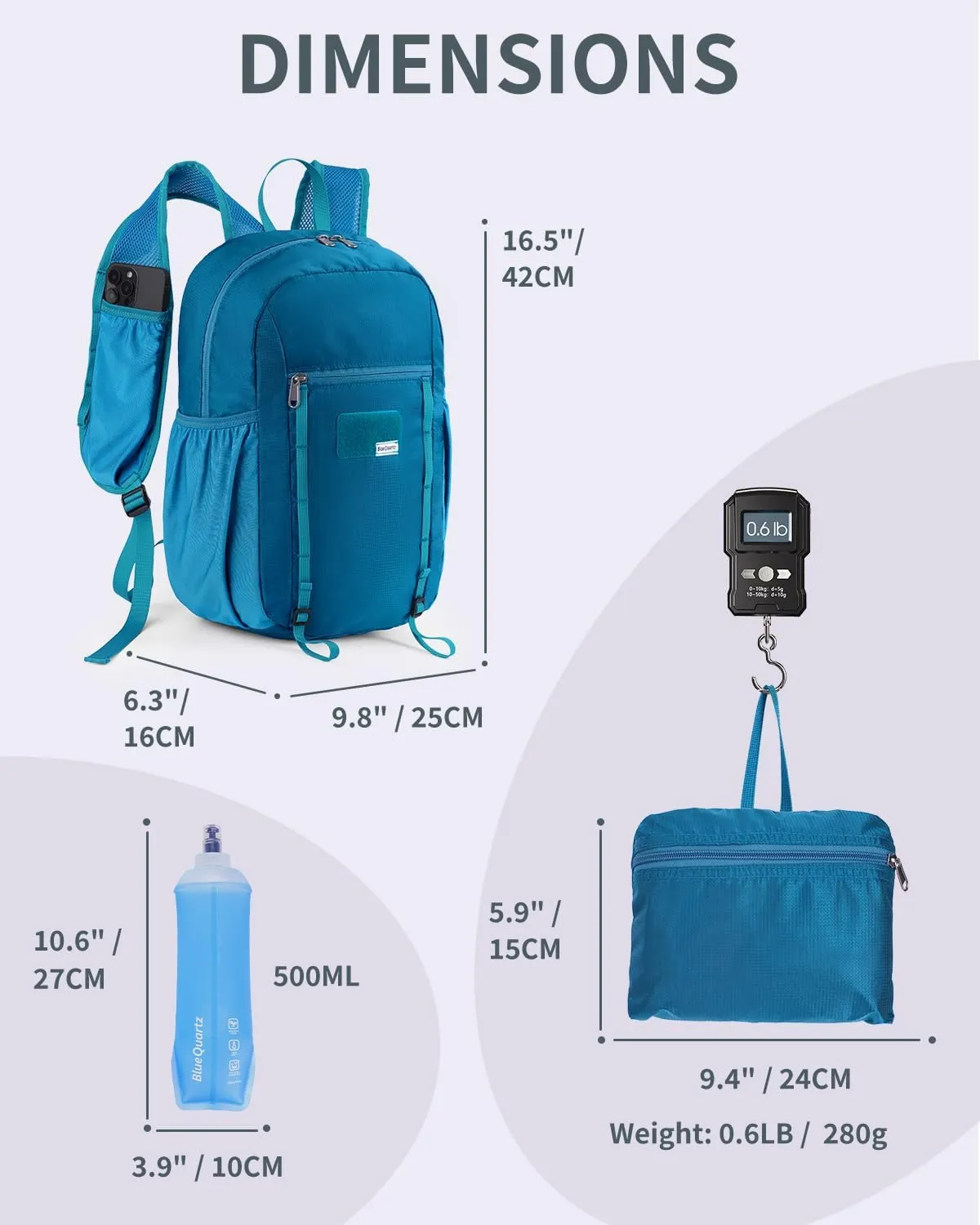 15L Small Hiking Backpack with Soft Flask, Ultralight Hiking Daypack with Chest Pockets for Phone Sternum Straps, Lightweight Foldable Packable Back Pack for Women Men(patent pending)