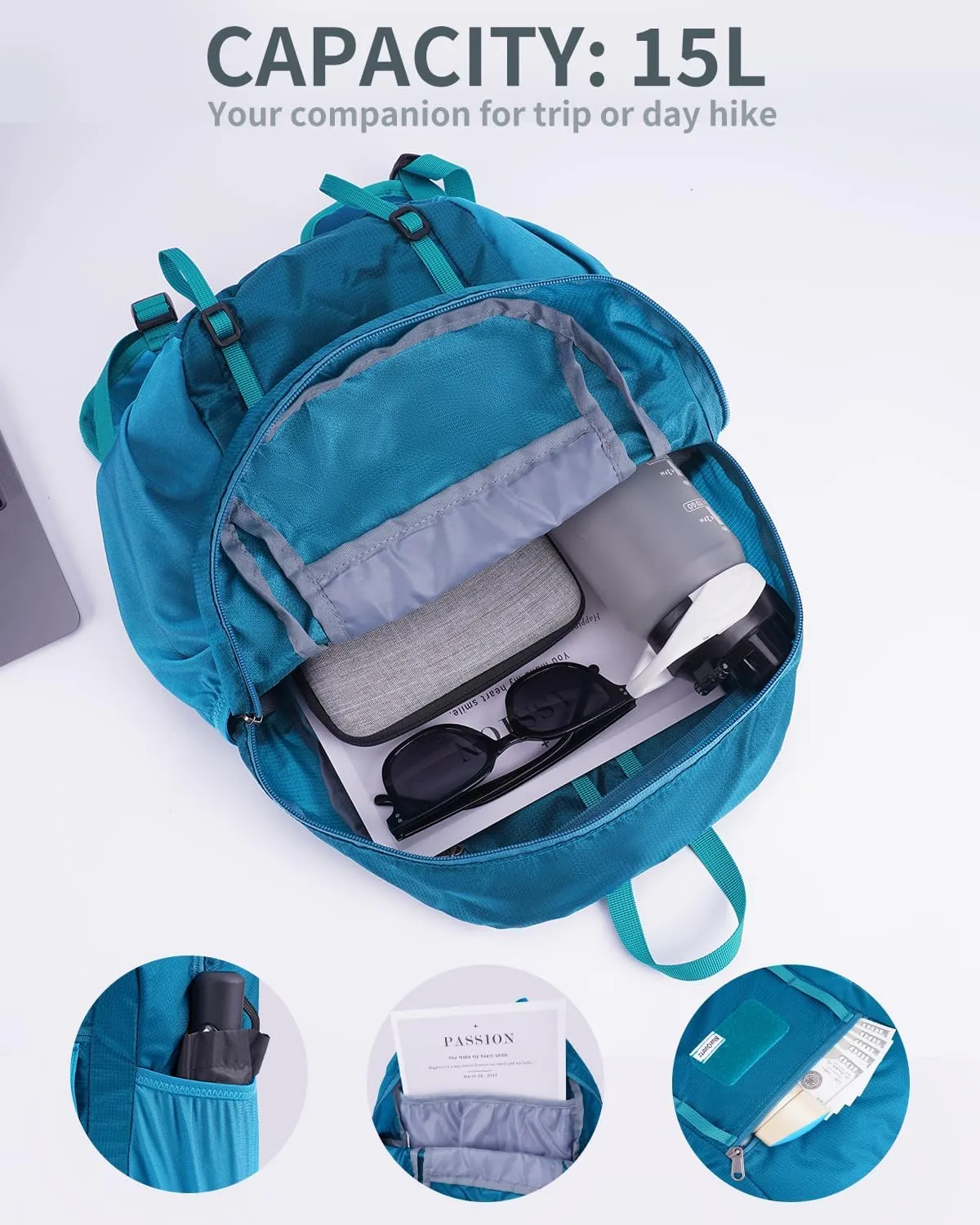 15L Small Hiking Backpack with Soft Flask, Ultralight Hiking Daypack with Chest Pockets for Phone Sternum Straps, Lightweight Foldable Packable Back Pack for Women Men(patent pending)