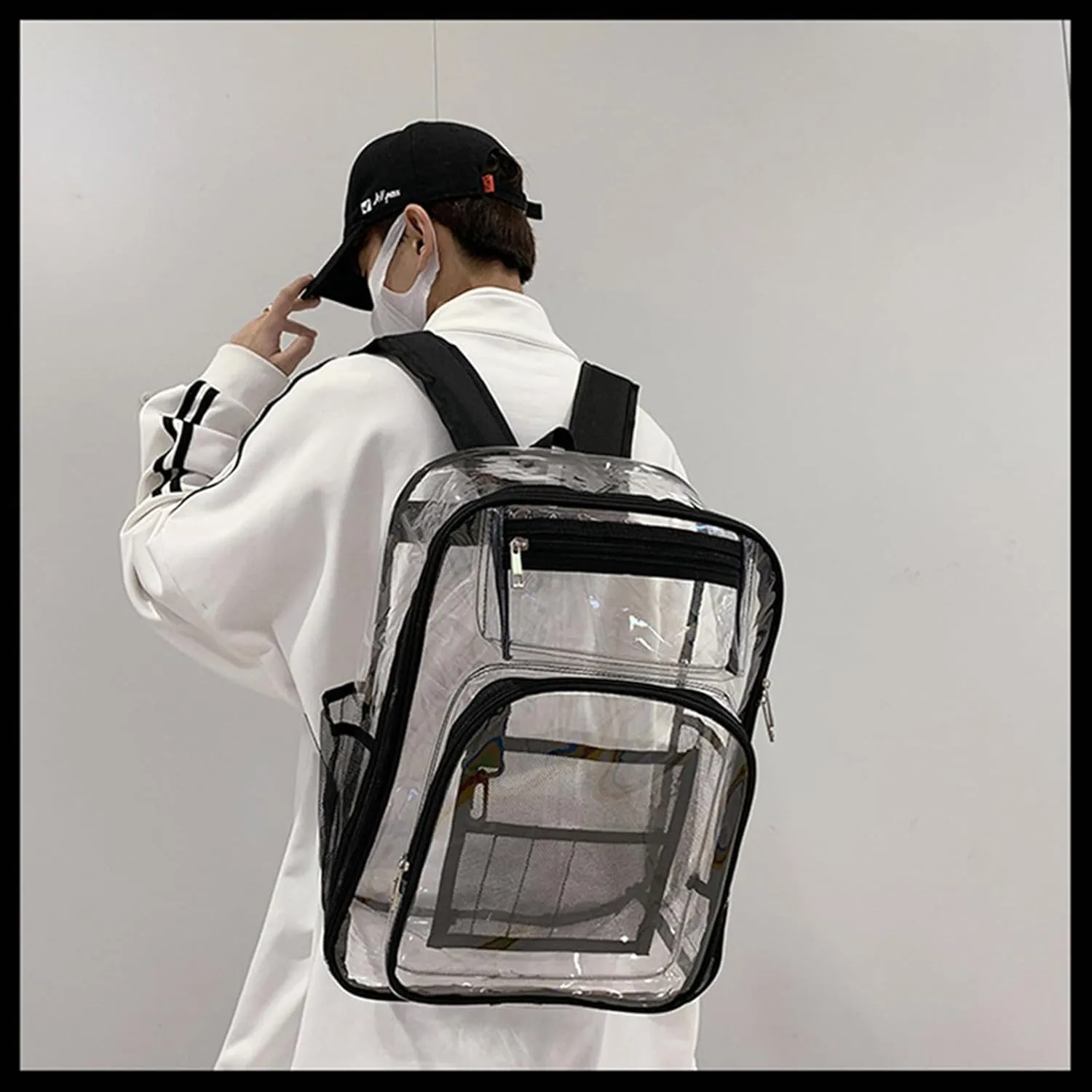 16'' Clear Backpack Heavy Duty PVC Transparent Bookbags with Padded Shoulders for travel,Work,College, Stadium (black)