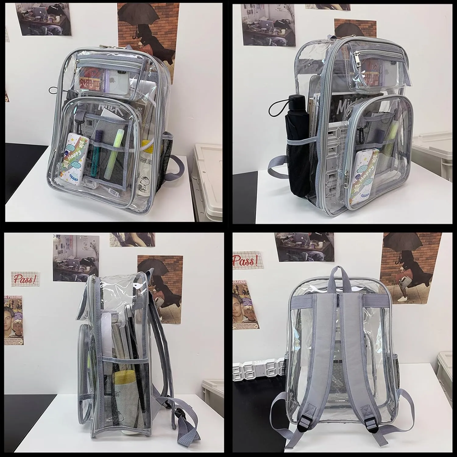 16'' Clear Backpack Heavy Duty PVC Transparent Bookbags with Padded Shoulders for travel,Work,College, Stadium (black)