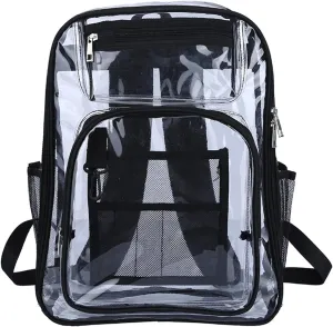 16'' Clear Backpack Heavy Duty PVC Transparent Bookbags with Padded Shoulders for travel,Work,College, Stadium (black)