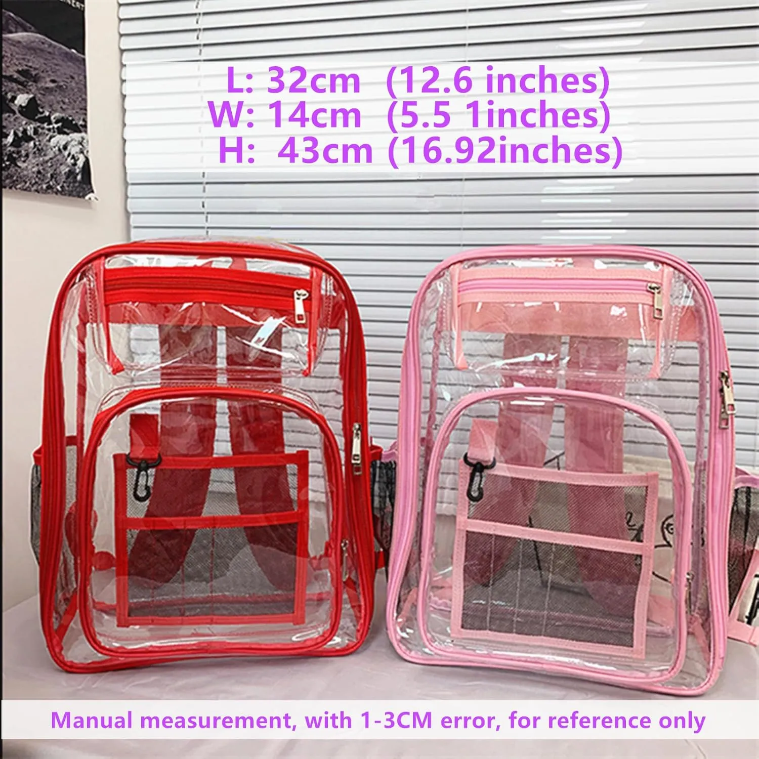 16'' Clear Backpack Heavy Duty PVC Transparent Bookbags with Padded Shoulders for travel,Work,College, Stadium (black)