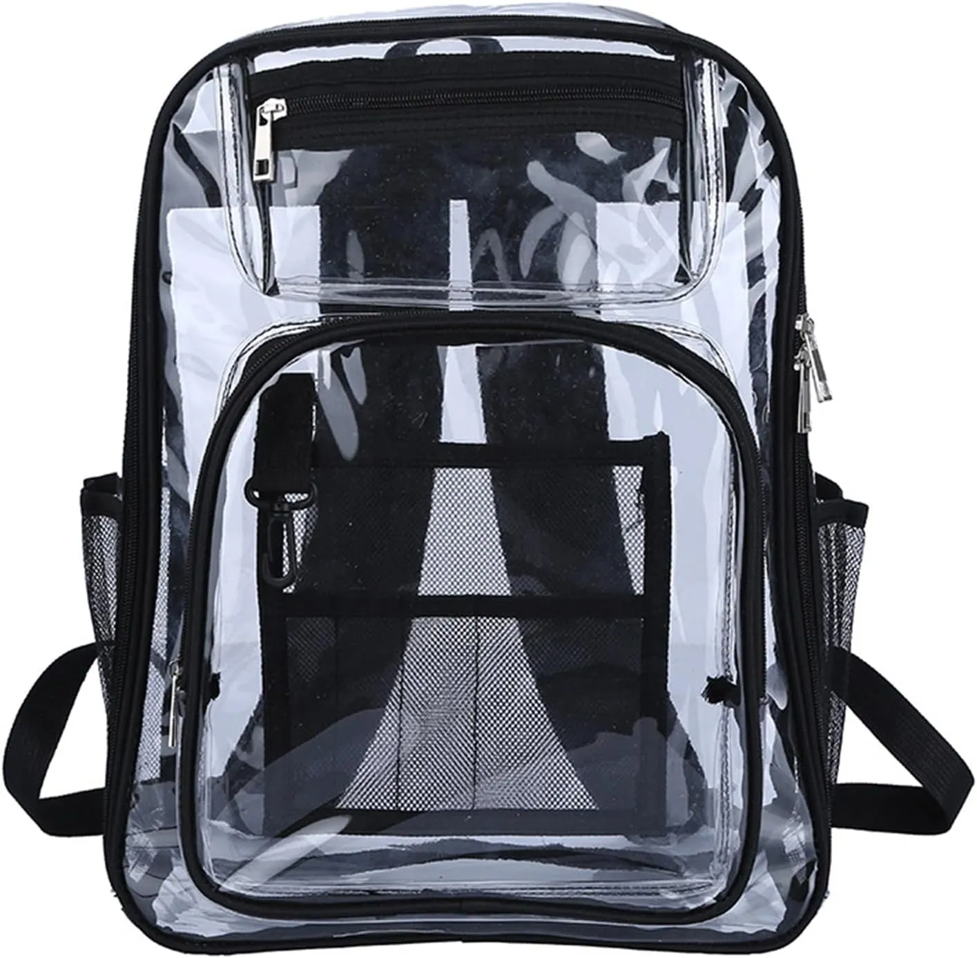16'' Clear Backpack Heavy Duty PVC Transparent Bookbags with Padded Shoulders for travel,Work,College, Stadium (black)