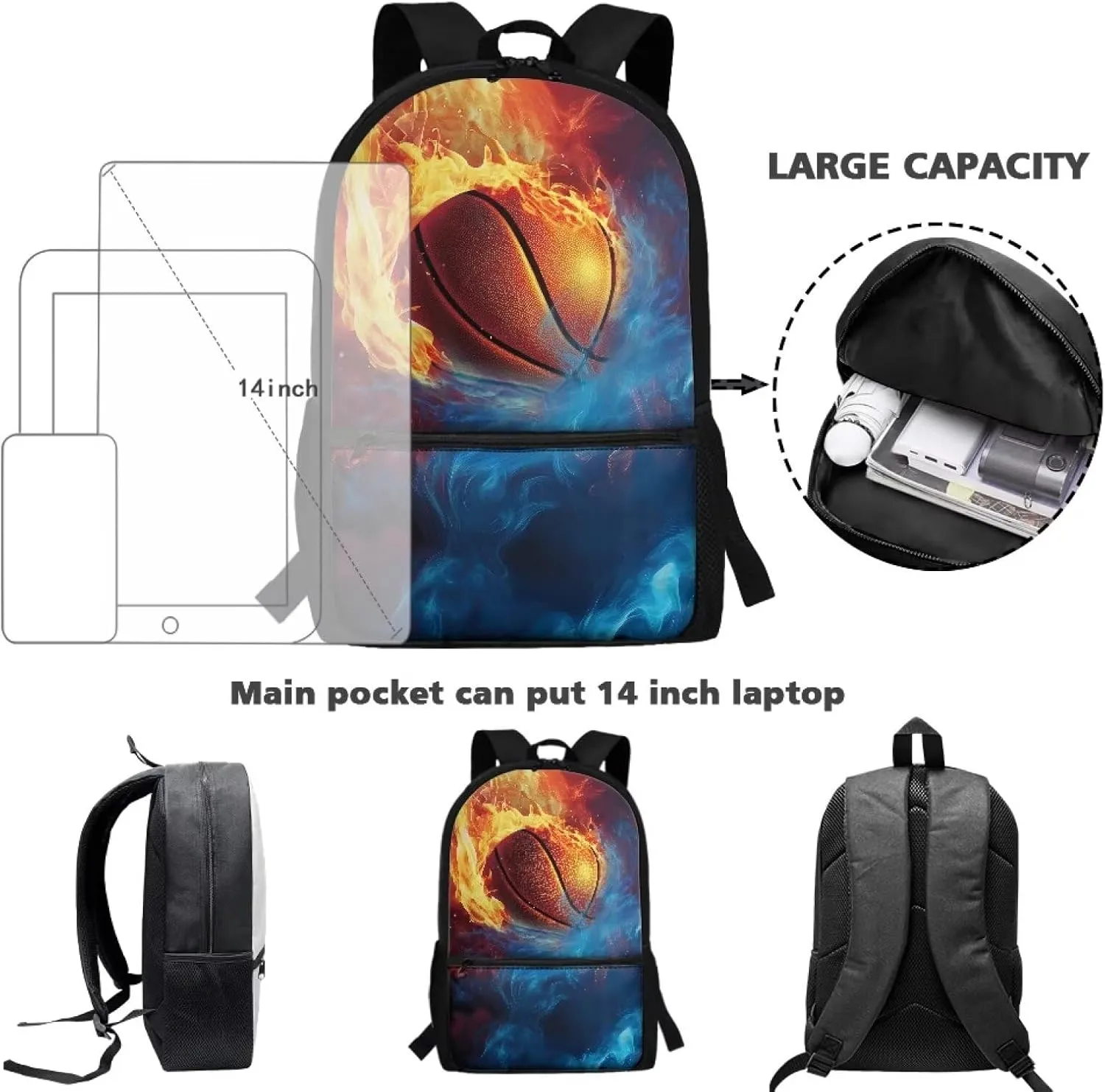 17 Inch Laptop Backpack for School Kids Water Resistant College Shoulder Basketball Print with 1 Main Compartment and External Pocket Large Capacity for College Travel Picnic