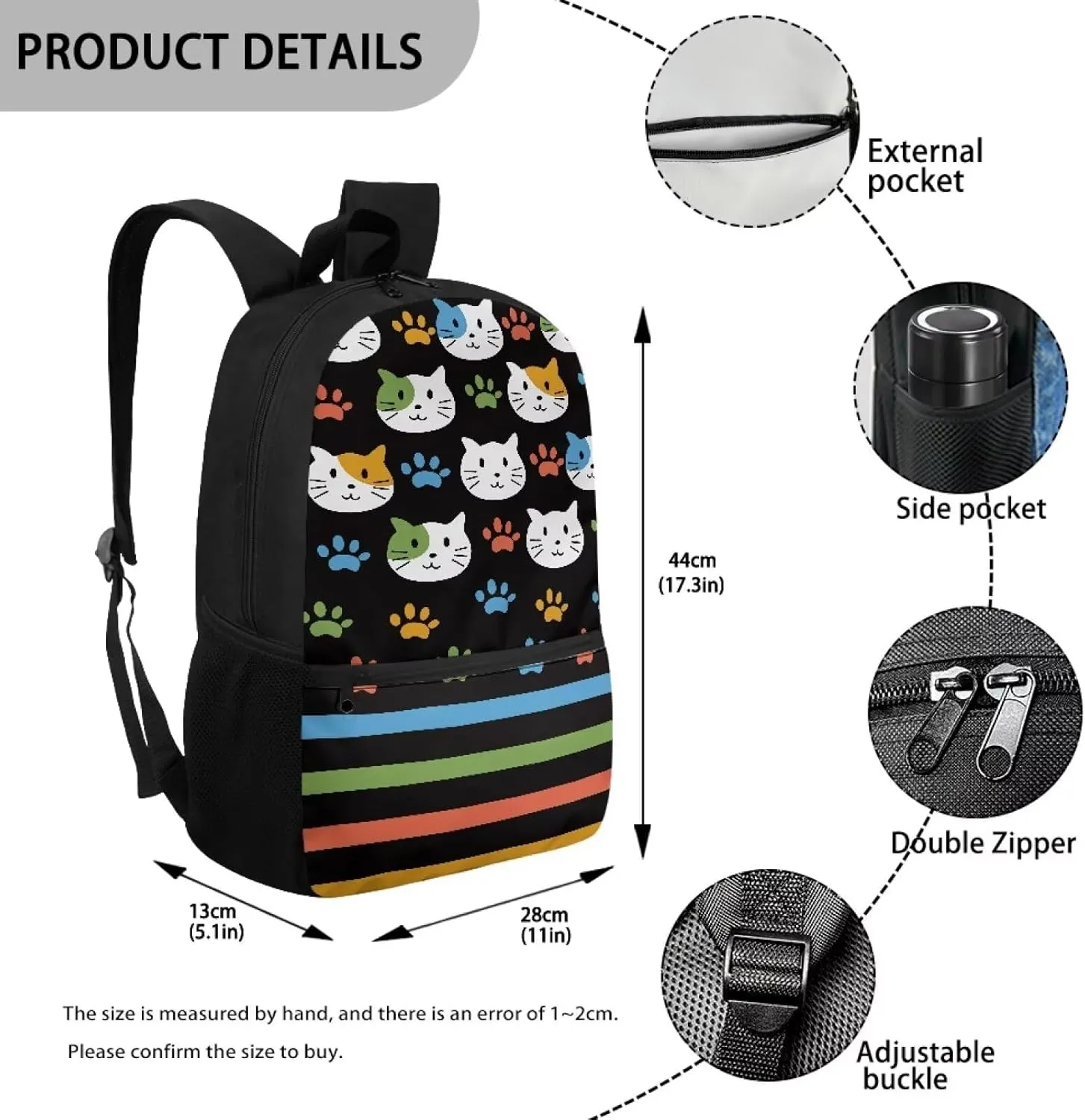 17 Inch School Backpack for Primary Kids,Lightweight Classic Basic Bookbag Cat Head Large Capacity with Adjustable Buckle Fashionable for Summer Camp Vacation