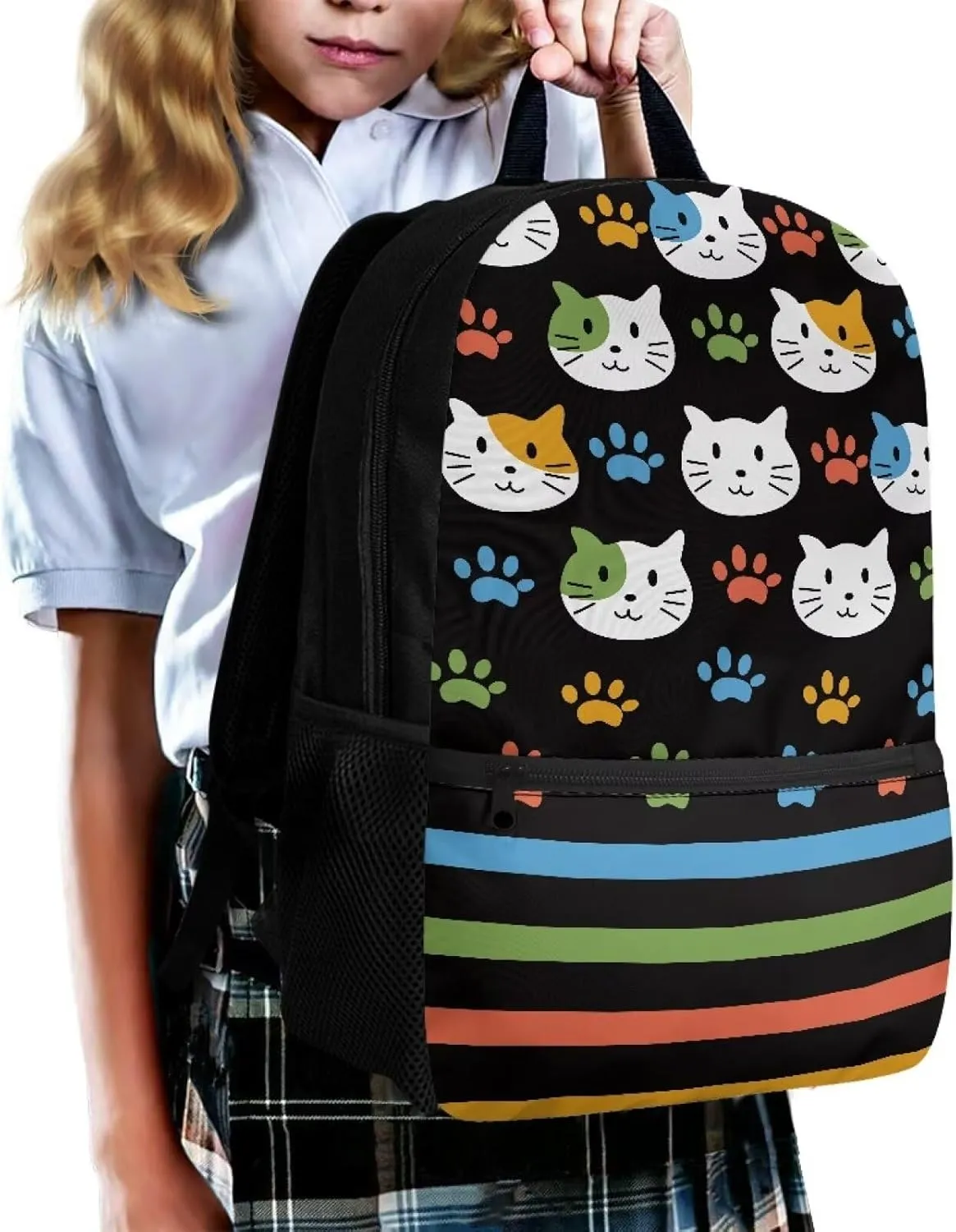 17 Inch School Backpack for Primary Kids,Lightweight Classic Basic Bookbag Cat Head Large Capacity with Adjustable Buckle Fashionable for Summer Camp Vacation