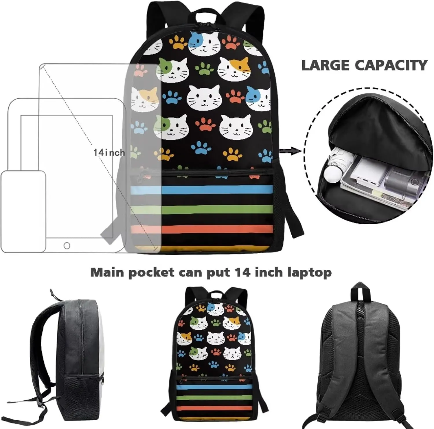 17 Inch School Backpack for Primary Kids,Lightweight Classic Basic Bookbag Cat Head Large Capacity with Adjustable Buckle Fashionable for Summer Camp Vacation