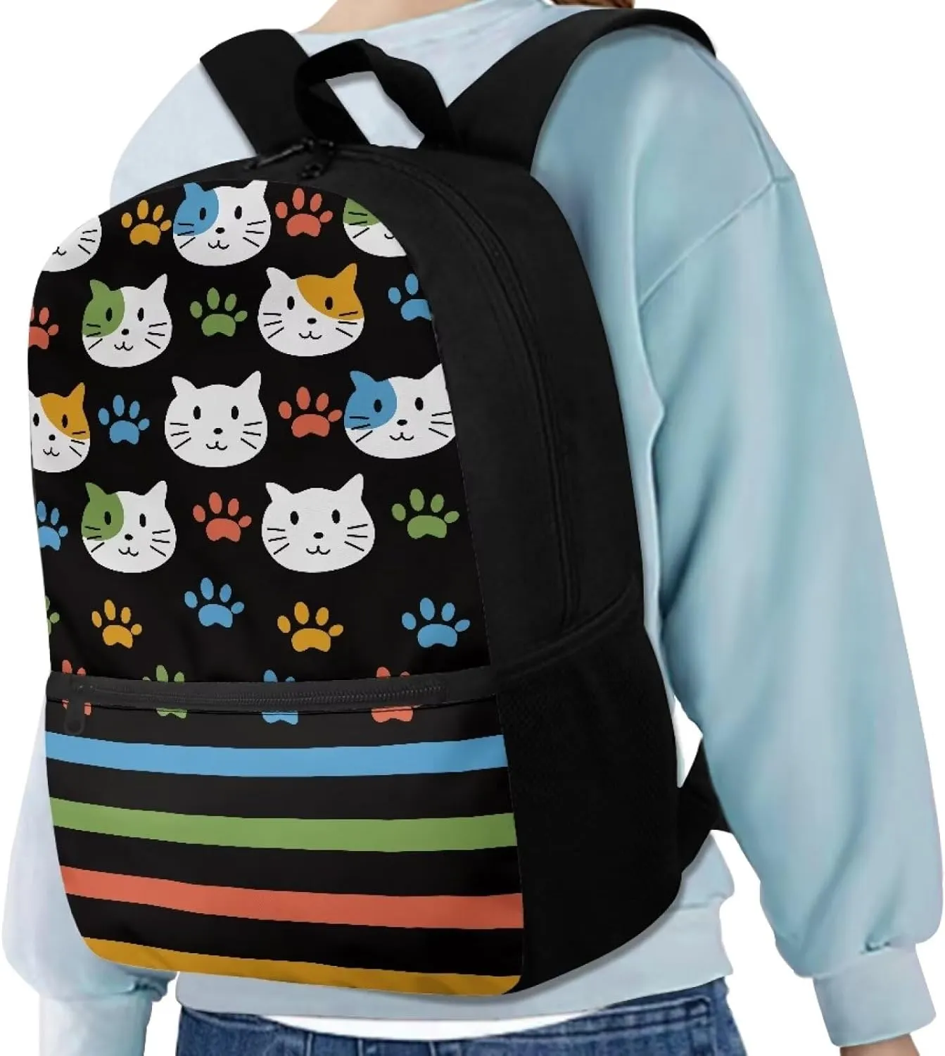 17 Inch School Backpack for Primary Kids,Lightweight Classic Basic Bookbag Cat Head Large Capacity with Adjustable Buckle Fashionable for Summer Camp Vacation