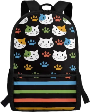 17 Inch School Backpack for Primary Kids,Lightweight Classic Basic Bookbag Cat Head Large Capacity with Adjustable Buckle Fashionable for Summer Camp Vacation