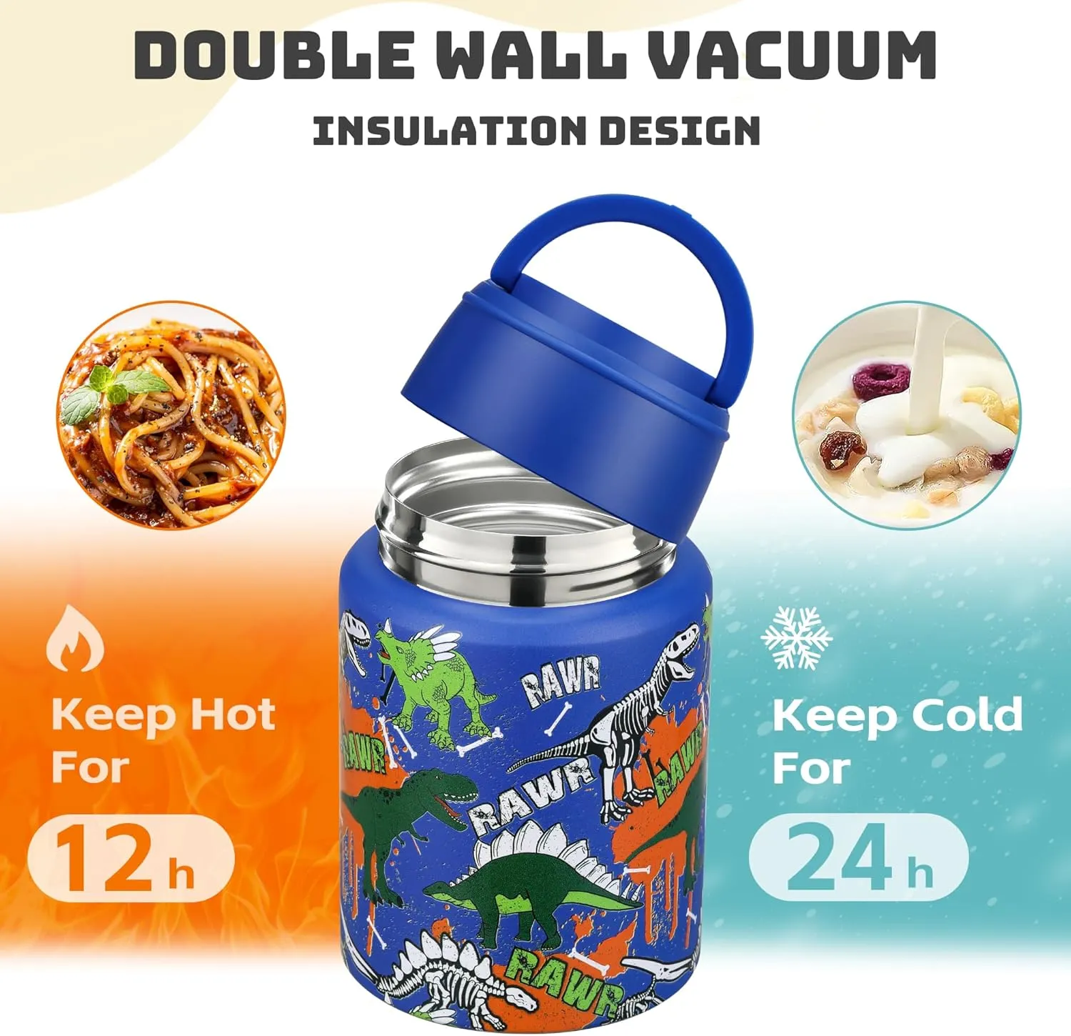 17 oz Soup Thermos for Hot Food Kids, Stainless Steel Vacuum Insulated Food Jar Lunch Box Container with Folding Spoon,Leakproof Thermos with Handle for School,Office,Travel,Outdoor(blue dinasour