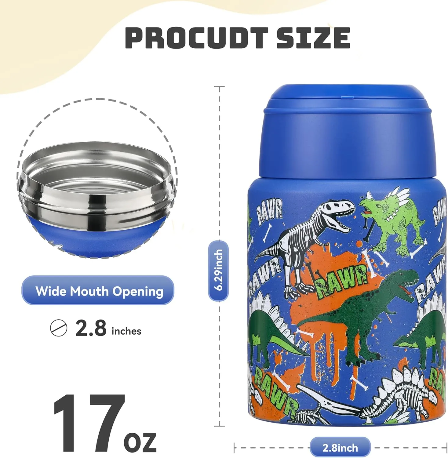17 oz Soup Thermos for Hot Food Kids, Stainless Steel Vacuum Insulated Food Jar Lunch Box Container with Folding Spoon,Leakproof Thermos with Handle for School,Office,Travel,Outdoor(blue dinasour