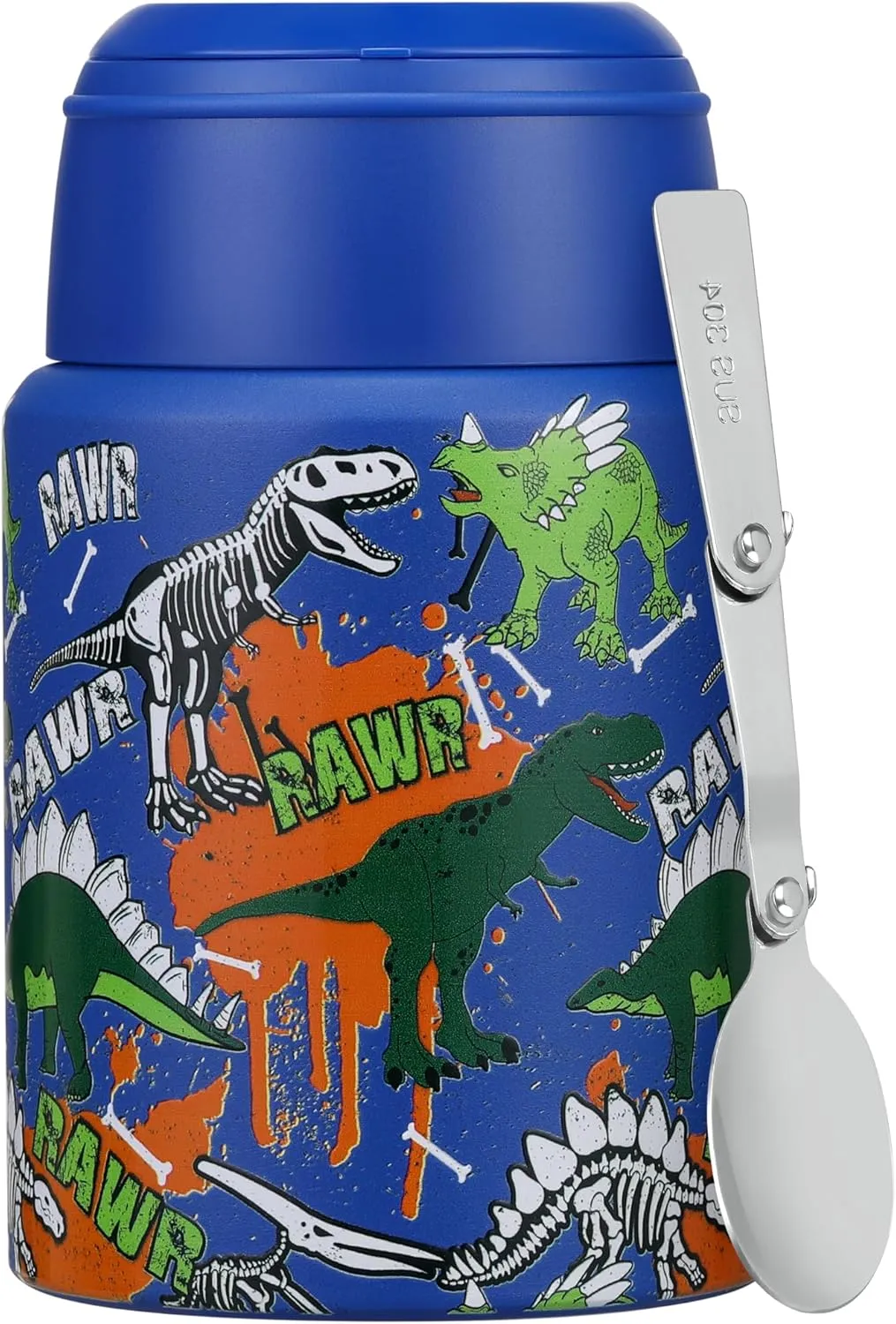 17 oz Soup Thermos for Hot Food Kids, Stainless Steel Vacuum Insulated Food Jar Lunch Box Container with Folding Spoon,Leakproof Thermos with Handle for School,Office,Travel,Outdoor(blue dinasour