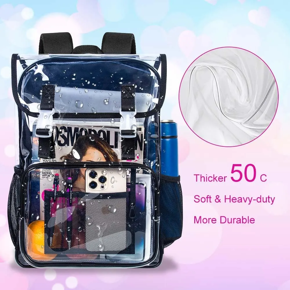 17" Flip Top Clear Backpack, 3Pcs Stadium Approved Set, Heavy Duty Transparent Bookbag for Gym/Concert (Black)