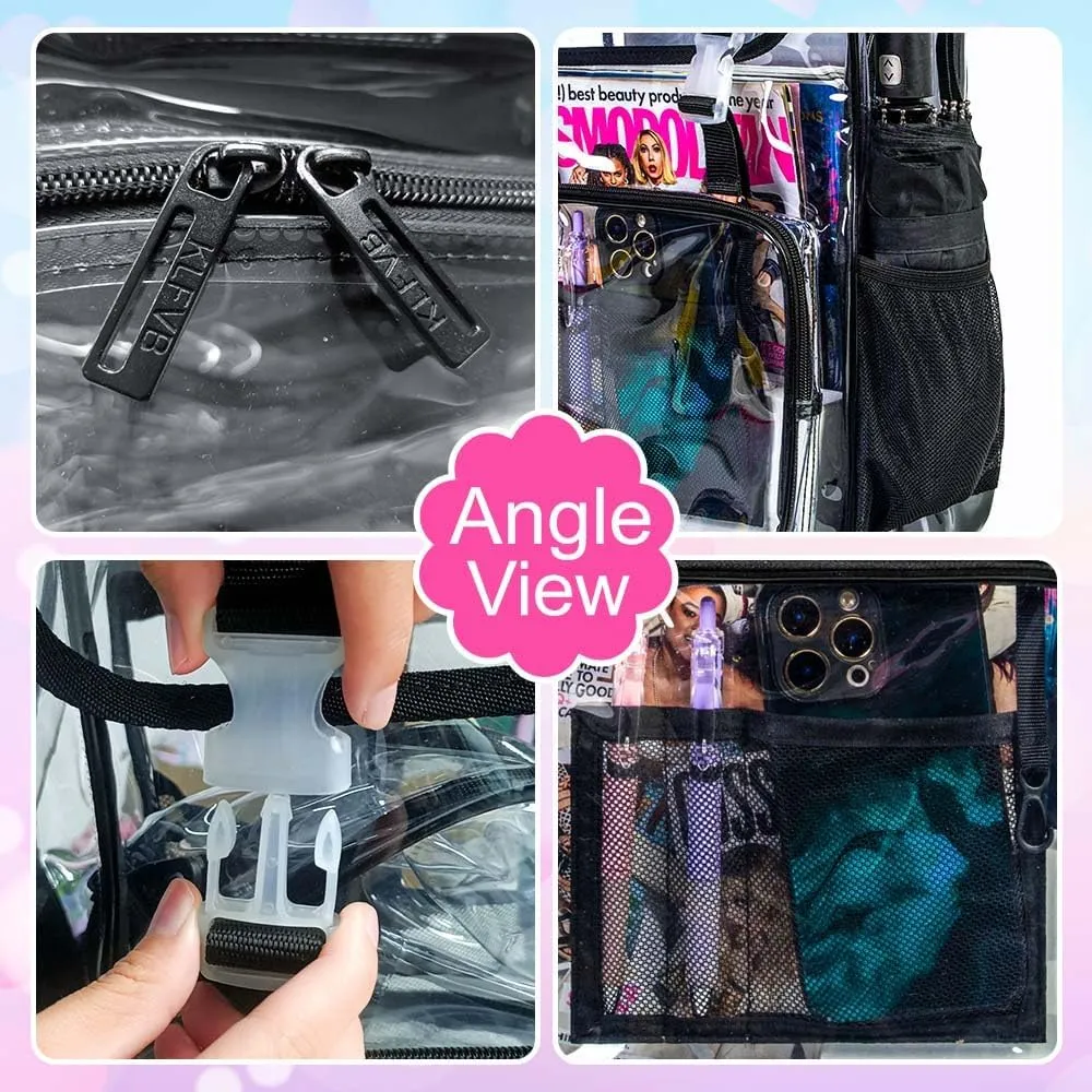 17" Flip Top Clear Backpack, 3Pcs Stadium Approved Set, Heavy Duty Transparent Bookbag for Gym/Concert (Black)