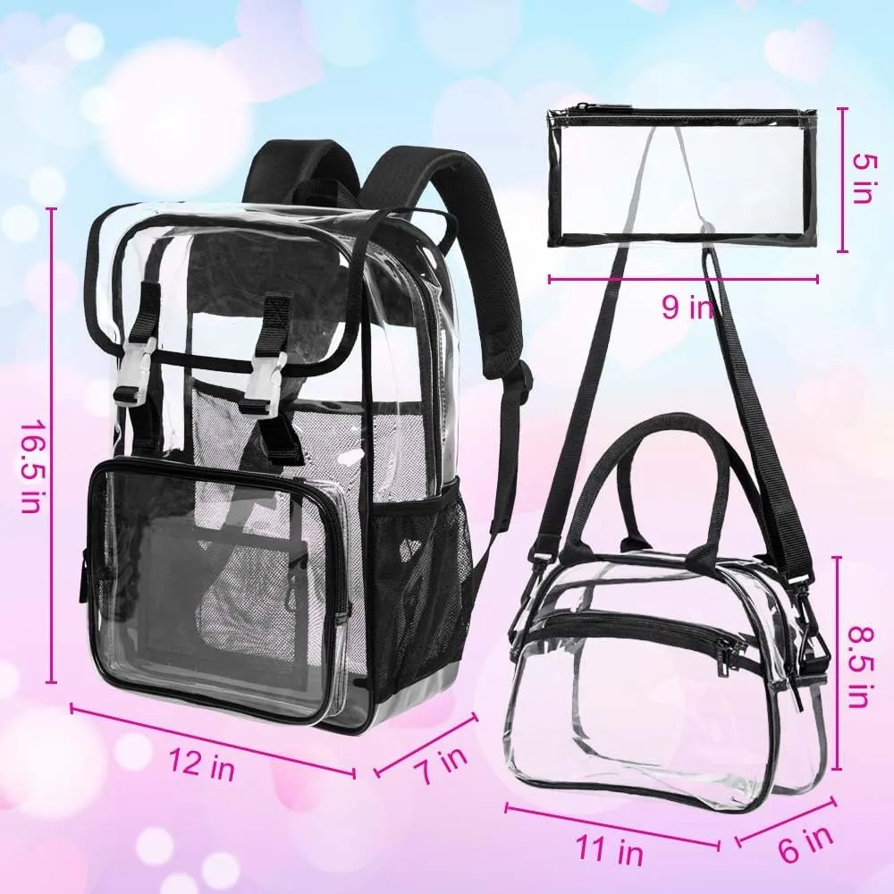 17" Flip Top Clear Backpack, 3Pcs Stadium Approved Set, Heavy Duty Transparent Bookbag for Gym/Concert (Black)