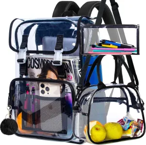 17" Flip Top Clear Backpack, 3Pcs Stadium Approved Set, Heavy Duty Transparent Bookbag for Gym/Concert (Black)