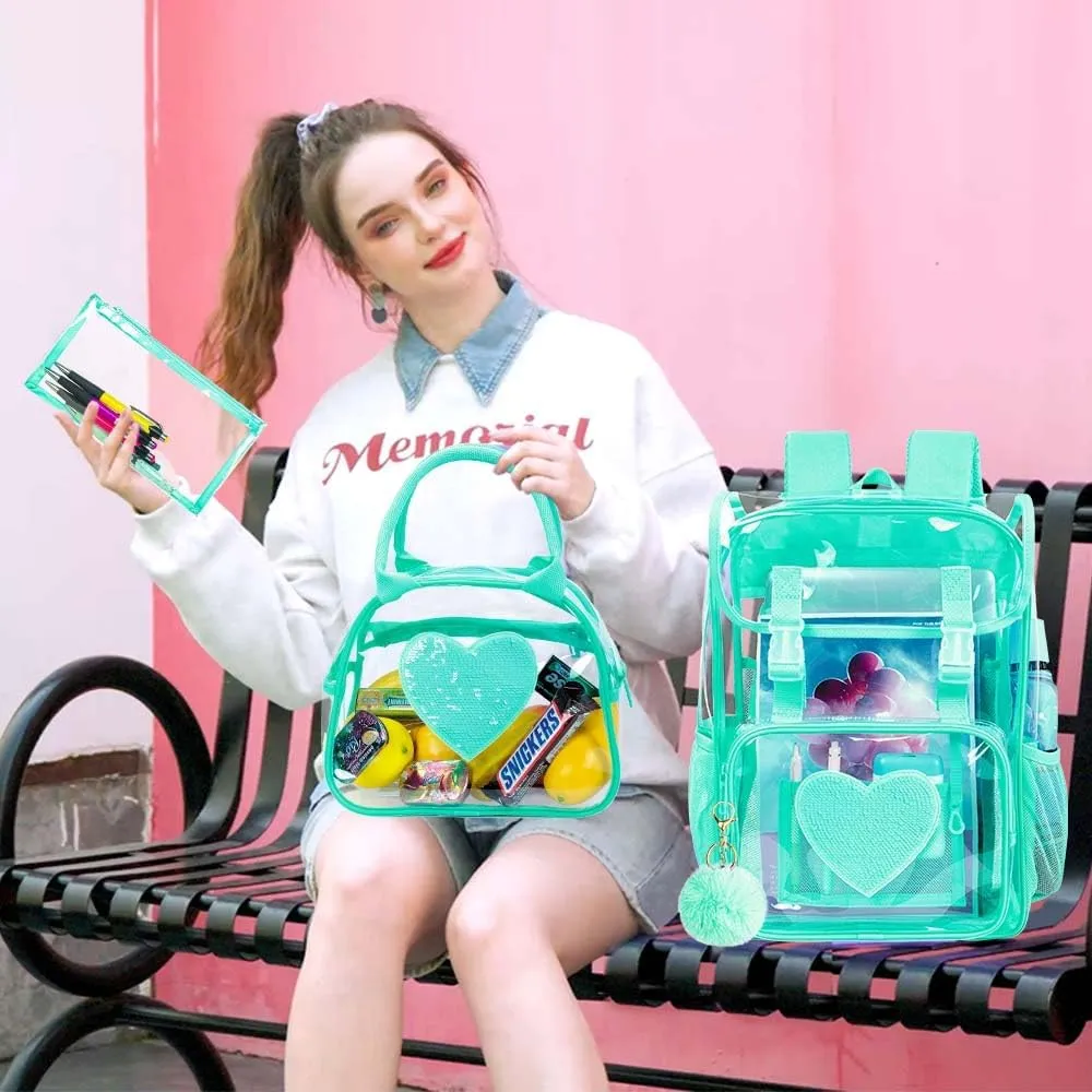 17" Sequin Clear Backpack for Girls - Sparkle Flip Design Stadium Approved 3Pcs Set, Transparent Bookbag for Concert/School (Green)