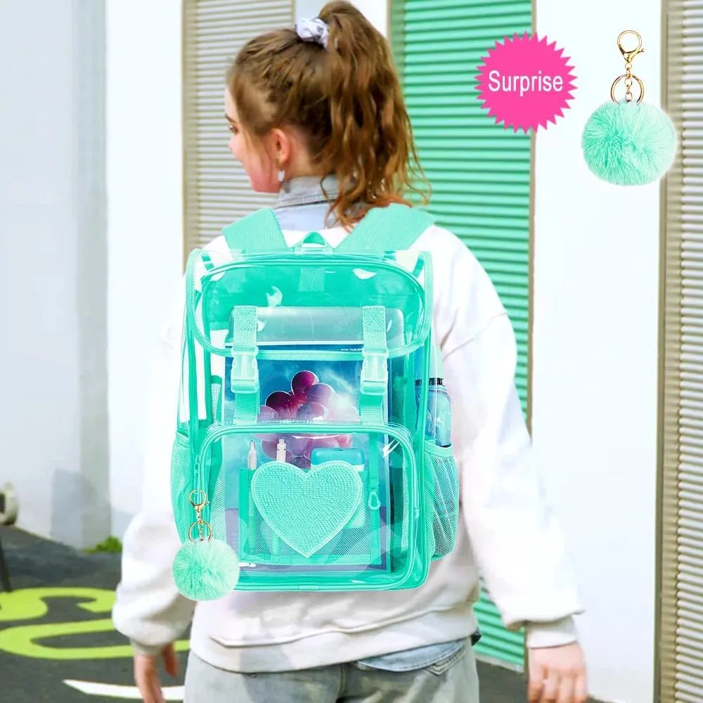 17" Sequin Clear Backpack for Girls - Sparkle Flip Design Stadium Approved 3Pcs Set, Transparent Bookbag for Concert/School (Green)