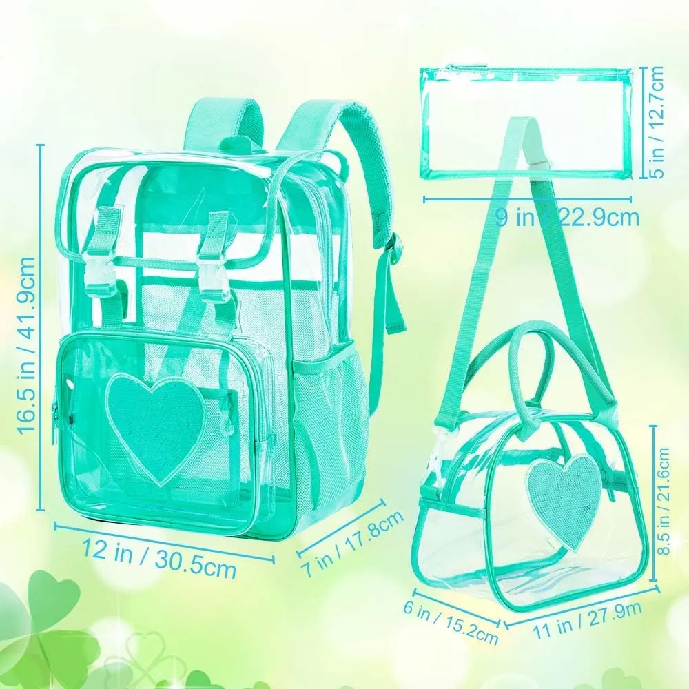 17" Sequin Clear Backpack for Girls - Sparkle Flip Design Stadium Approved 3Pcs Set, Transparent Bookbag for Concert/School (Green)