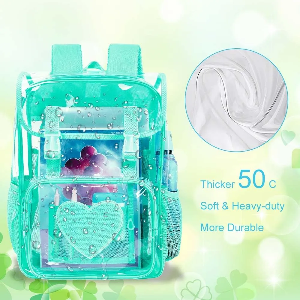 17" Sequin Clear Backpack for Girls - Sparkle Flip Design Stadium Approved 3Pcs Set, Transparent Bookbag for Concert/School (Green)