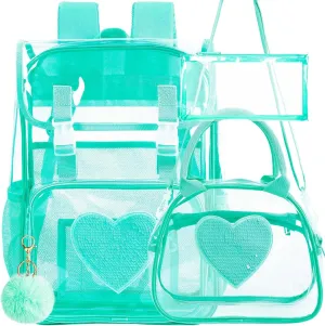 17" Sequin Clear Backpack for Girls - Sparkle Flip Design Stadium Approved 3Pcs Set, Transparent Bookbag for Concert/School (Green)