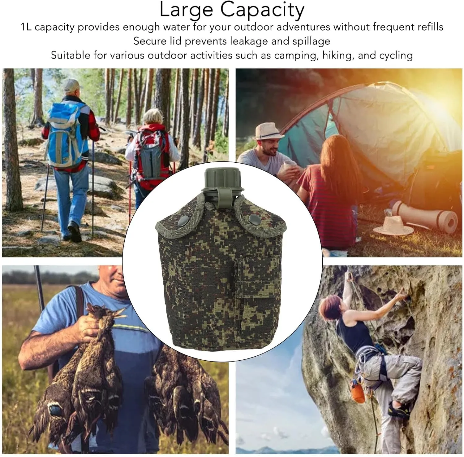 1L Water Bottle, Large Capacity Camping Bottle Leak Proof Sports Water Bottle Wide Mouth Canteens with Cover for Camping Hiking (Type 3)