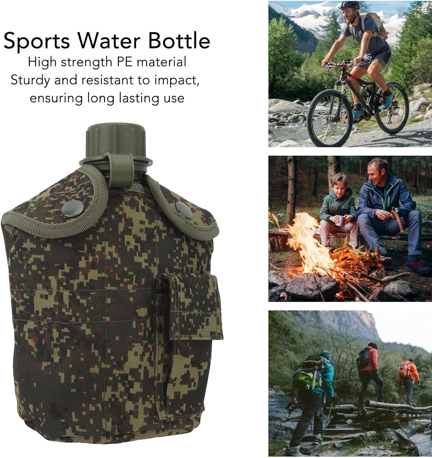 1L Water Bottle, Large Capacity Camping Bottle Leak Proof Sports Water Bottle Wide Mouth Canteens with Cover for Camping Hiking (Type 3)