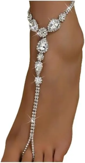 1Pair Summer Boho Rhinestone Foot Chain with Toe Jewelry for Women Wedding Bridal Crystal Barefoot Sandals Bikini Rhinestone Anklet Bracelet Foot Accessories Jewelry