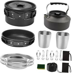 1set Outdoor Portable Cooking Tool for People Anodized Cookware Food-Grade Bowls Spoons Includes Kettle Frying Pan for Camping Picnics Black