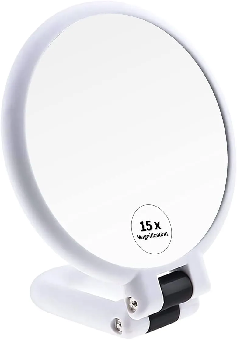 1x 15x Magnifying Hand Held Mirror，Double Side Travel Mirror with Foldable Handle，1x 15x Magnification Hand Mirror for Women Travel Table Desk (WHITE)