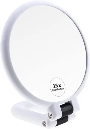 1x 15x Magnifying Hand Held Mirror，Double Side Travel Mirror with Foldable Handle，1x 15x Magnification Hand Mirror for Women Travel Table Desk (WHITE)
