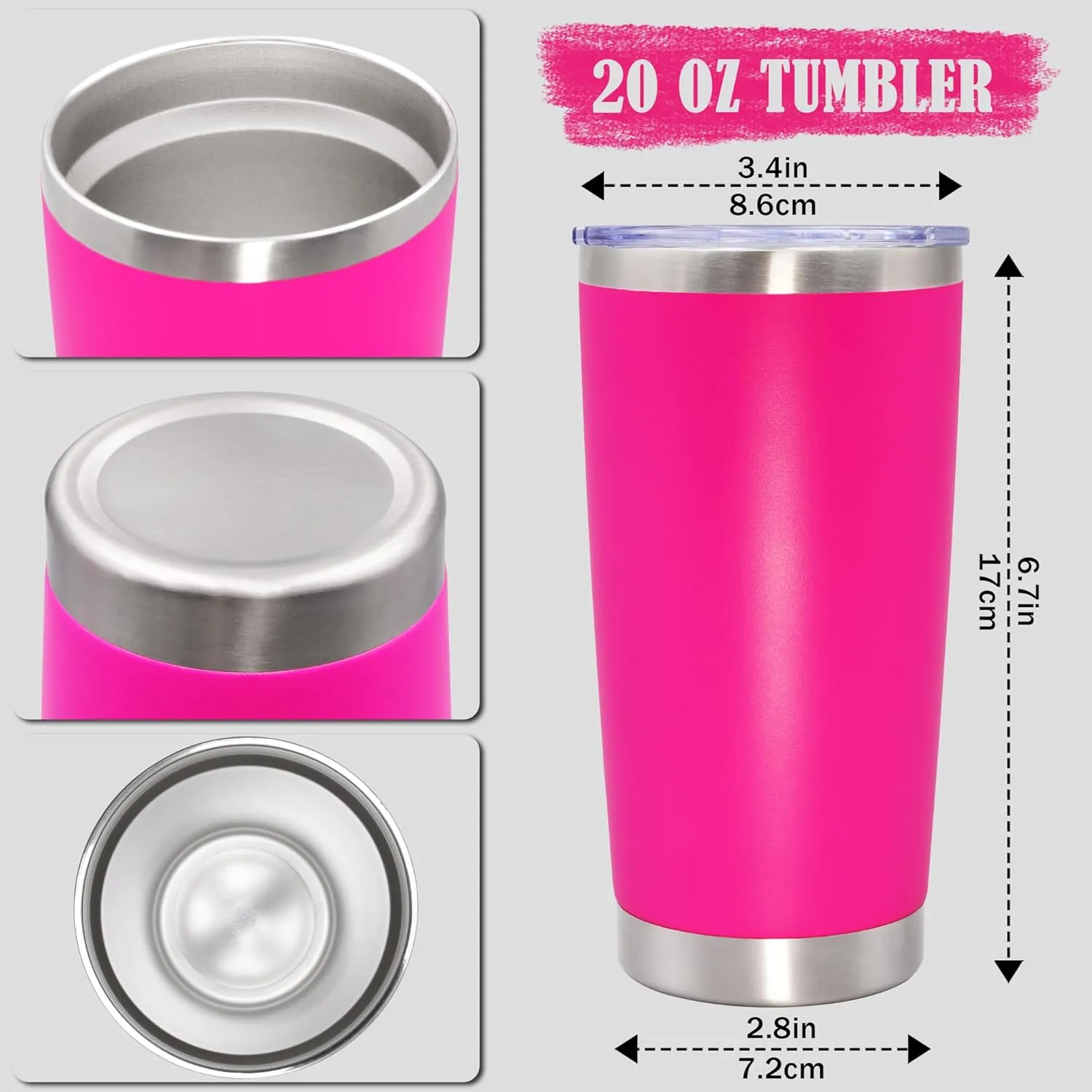20 oz Tumbler Coffee Tavel Tumblers Bulk with Lid Stainless Steel Double Wall Vacuum Insulated Mug Powder Coated Cups fit Car Cupholder for Hot and Cold - Hot Pink, 4Pack
