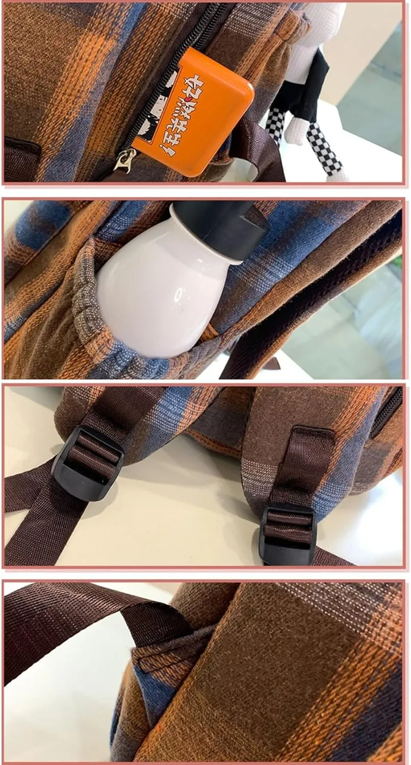2025 Plaid Preppy Backpack for Women Y2k Aesthetic Shoulder Bag Vintage Daypack with Pendant Checkered Laptop Bag (Brown)