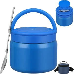 2025 Soup Thermo for Hot Food Kids with Insulated Bag, 15oz Vacuum Insulated Food Jar Wide Mouth Leakproof Lunch Container with a Stainless Steel Spoon for School Office, Blue